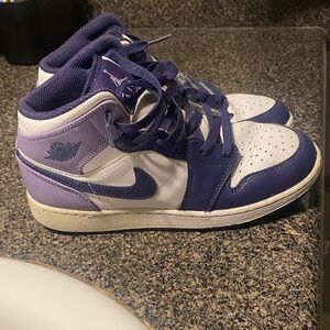 Air Jordan One Mid Purple and White Sneakers size 6Y/7.5W